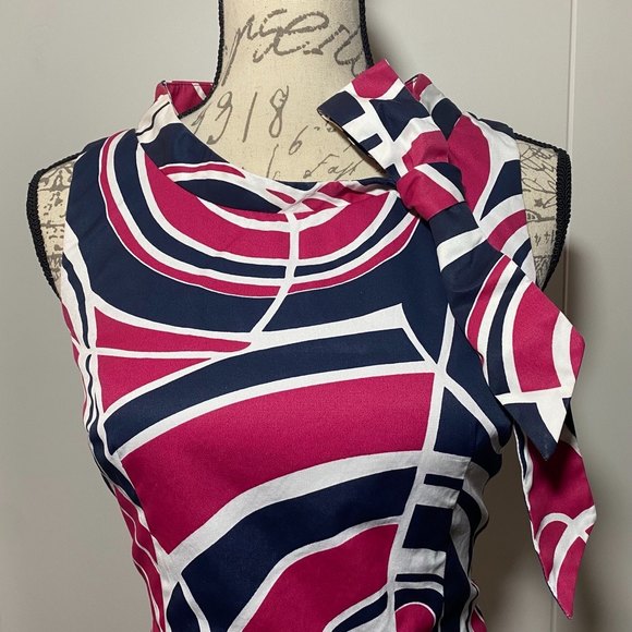 MERONA Abstract Sheath Dress with side Bow Tie Size 6 Pink Blue White - Picture 3 of 7